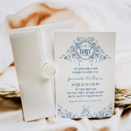 Dusty Blue Floral Vintage Teddy Bear Baby Shower Invitation