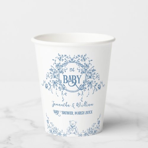 Dusty Blue Floral Vintage Teddy Bear Baby Shower Paper Cups