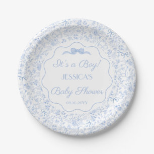Dusty Blue Floral Vintage Teddy Bear Baby Shower Paper Plates