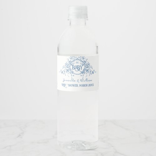 Dusty Blue Floral Vintage Teddy Bear Baby Shower Water Bottle Label