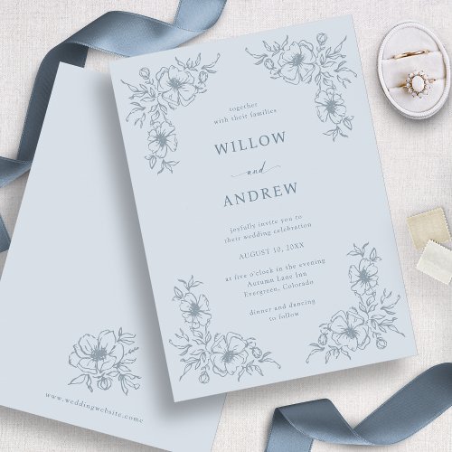 Dusty Blue Floral Vintage Wedding Invitation