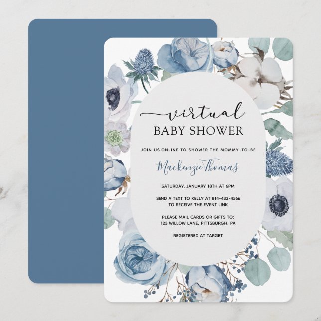 Dusty Blue Floral Virtual Baby Shower Invitation (Front/Back)