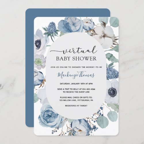 Dusty Blue Floral Virtual Baby Shower Invitation