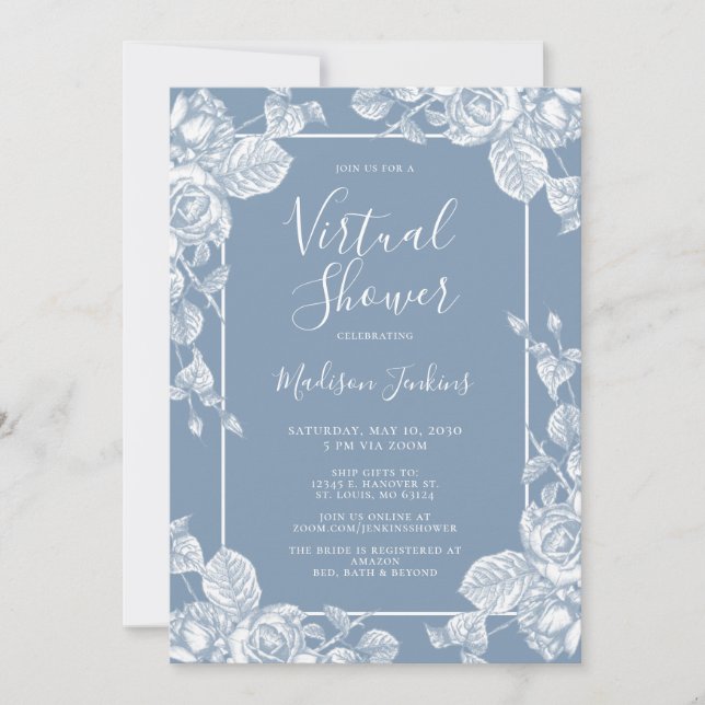 Dusty Blue Floral Virtual Bridal Shower Invitation (Front)
