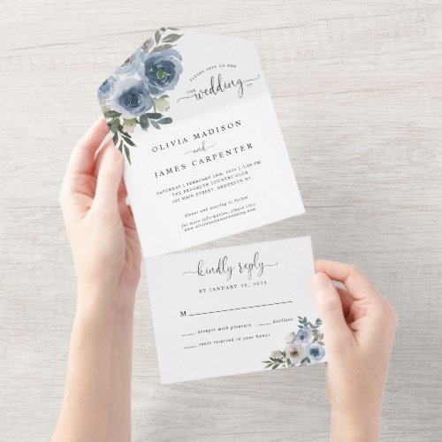 Dusty Blue Floral Watercolor Boho Rustic Wedding All In One Invitation