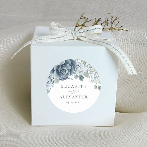 Dusty Blue Floral Watercolor Botanical Wedding Classic Round Sticker