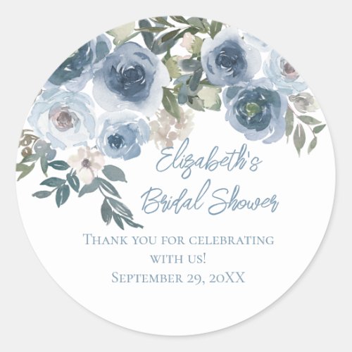 Dusty Blue Floral Watercolor Bridal Shower Favors Classic Round Sticker