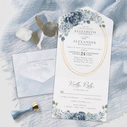 Dusty Blue Floral Watercolor Elegant Wedding All In One Invitation