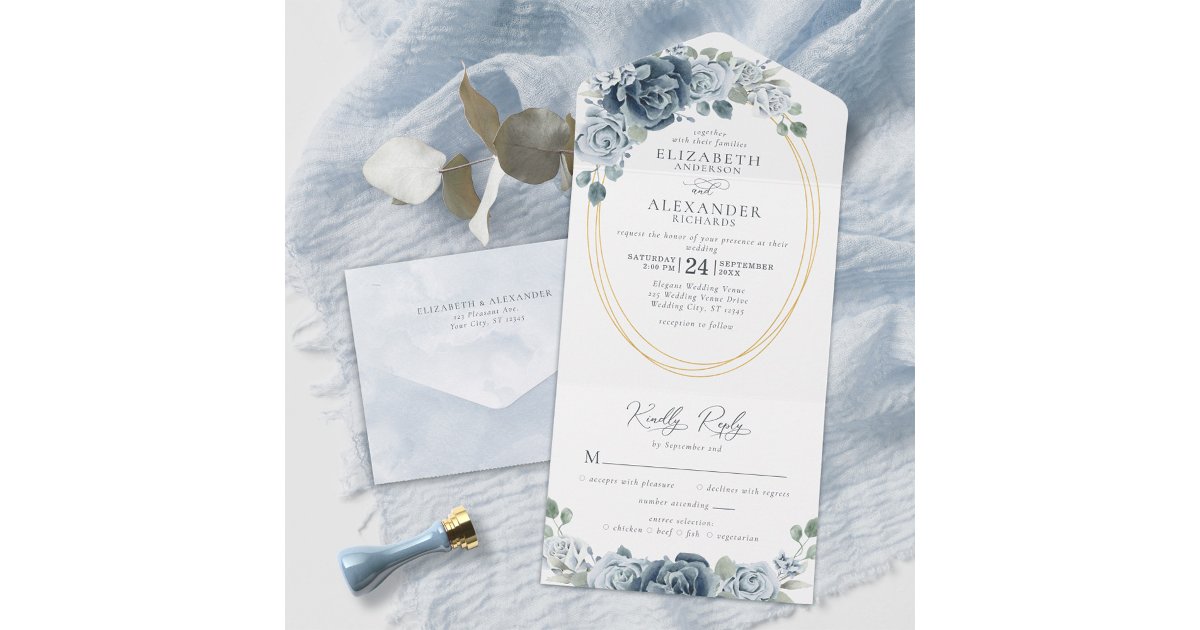 Dusty Blue Floral Watercolor Elegant Wedding All In One Invitation | Zazzle