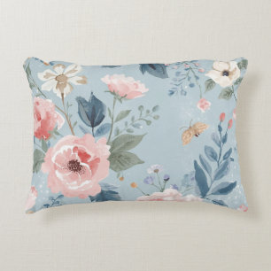 Dusty Blue Floral Watercolor Garden Pink Blooms Accent Pillow