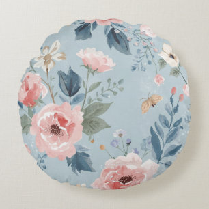 Dusty Blue Floral Watercolor Garden Pink Blooms Round Pillow