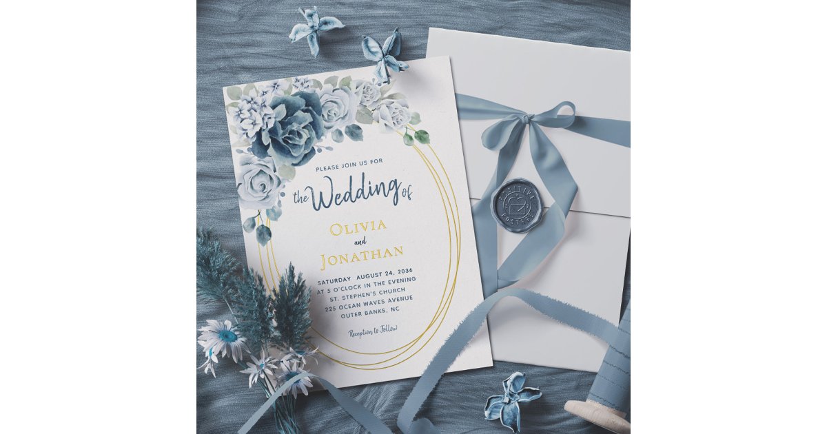 Dusty Blue Floral Watercolor Gold Foil Wedding Invitation | Zazzle