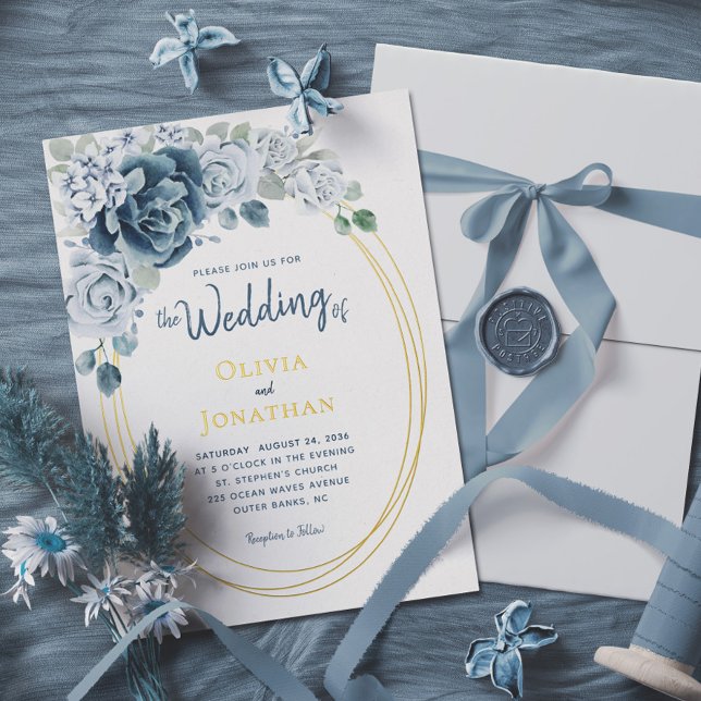 Dusty Blue Floral Watercolor Gold Foil Wedding Invitation (Creator Uploaded)