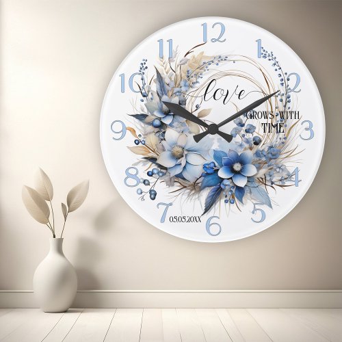 Dusty Blue Floral Watercolor Love Round Clock