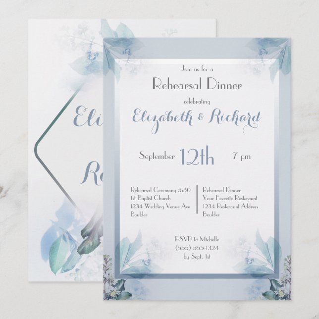 Dusty Blue Floral Watercolor Rehearsal Dinner Invitation (Front/Back)