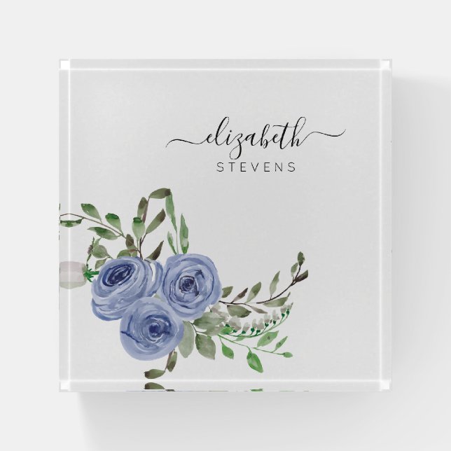 Dusty Blue Floral Watercolor Rose Elegant Script Paperweight (Front)