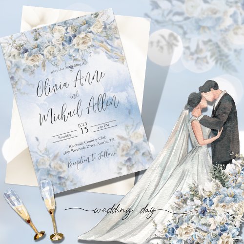 Dusty Blue Floral Watercolor Script Wedding Invitation