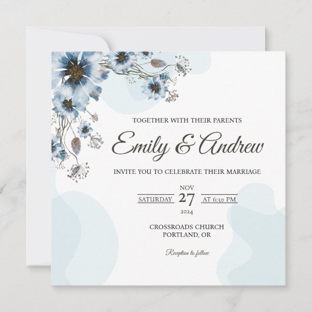 Dusty Blue Floral Watercolor Square Wedding Invitation (Front)