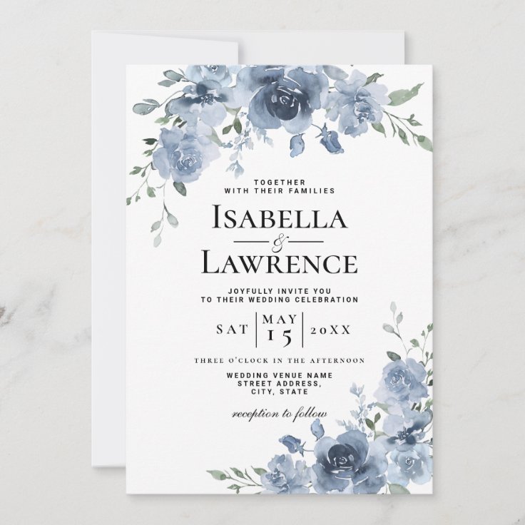 Dusty Blue Floral Watercolor Wedding Invitation | Zazzle