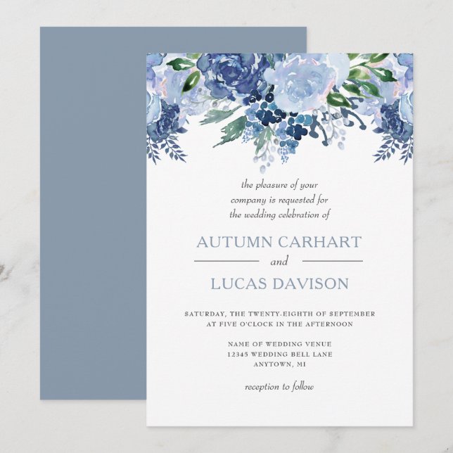 Dusty Blue Floral Watercolor Wedding Invitation (Front/Back)