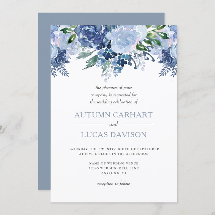 Dusty Blue Floral Watercolor Wedding Invitation