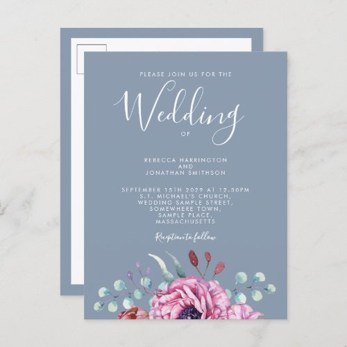 Dusty Blue Floral Watercolor Wedding Invitation Postcard