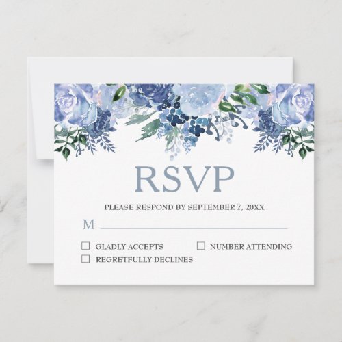 Dusty Blue Floral Watercolor Wedding RSVP Card