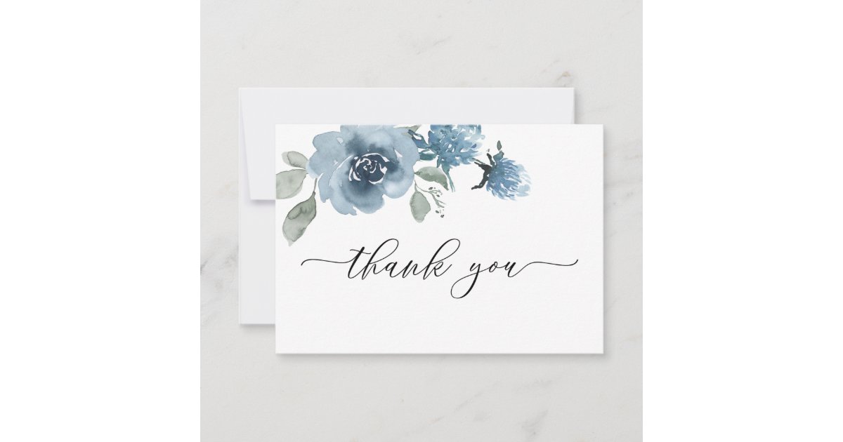 Dusty Blue Floral Watercolor Wedding Thank You Card | Zazzle