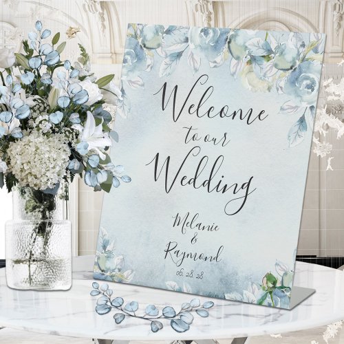 Dusty Blue Floral Watercolor Welcome To Wedding Pedestal Sign
