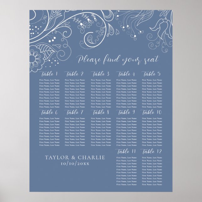 Dusty Blue Floral Wedding 12 Tables Seating Chart (Front)
