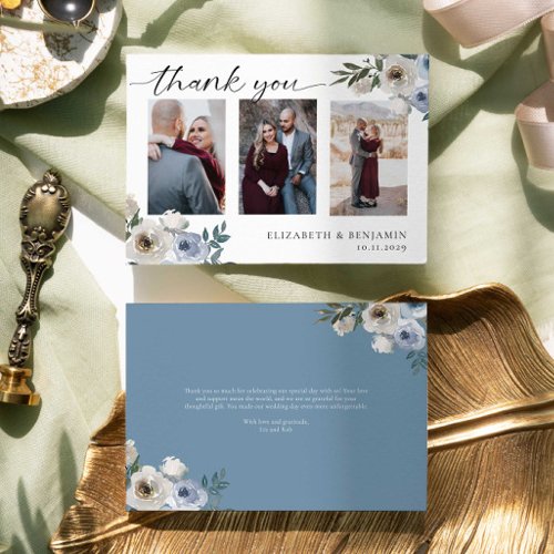 Dusty Blue Floral Wedding 3 Photo Collage Elegant Thank You Card