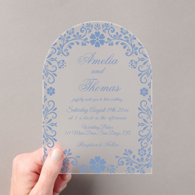 Dusty Blue Floral Wedding  Acrylic Invitations (Insitu (Handheld))