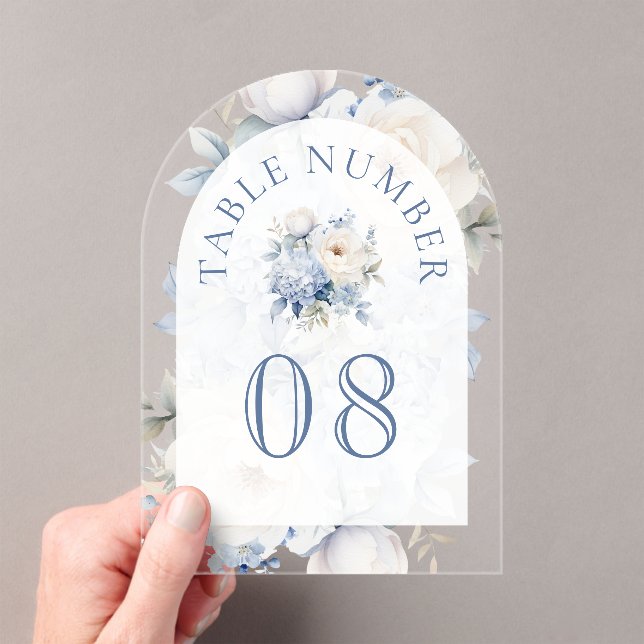 Dusty Blue Floral Wedding Acrylic Table Number (Insitu (Handheld))