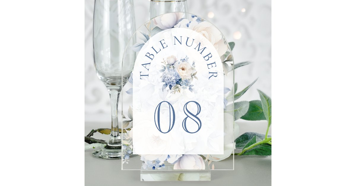 Dusty Blue Floral Wedding Acrylic Table Number | Zazzle
