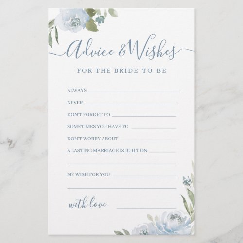 Dusty blue floral wedding advice  wishes card