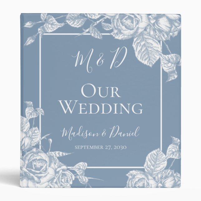 Dusty Blue Floral Wedding Album 3 Ring Binder (Front)