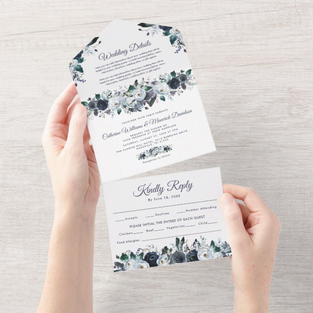 Dusty Blue Floral Wedding All In One Invitatio All In One Invitation (Tearaway)