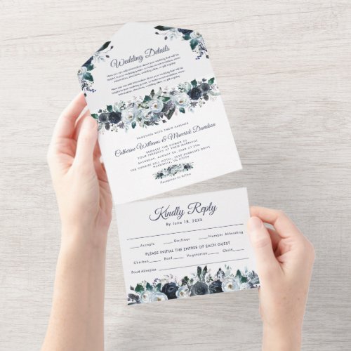 Dusty Blue Floral Wedding All In One Invitatio All In One Invitation - A 3 in 1 rustic floral wedding trifold invitation featuring a simple white background, elegant blue watercolor flowers, a wedding details card, wedding invite, and a rsvp meal option postcard for your guests to tear off and send back.