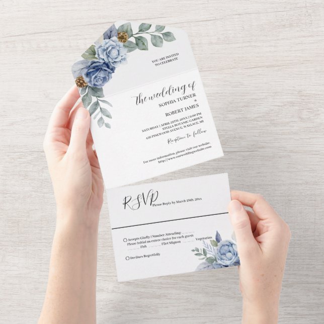 Dusty Blue Floral Wedding All In One Invitation (Tearaway)