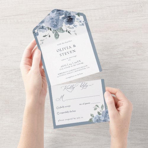 Dusty Blue Floral Wedding  All In One Invitation