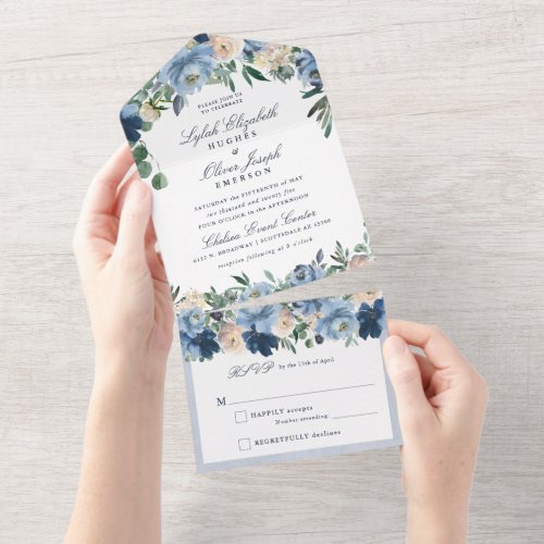 Dusty Blue Floral Wedding All In One Invitation