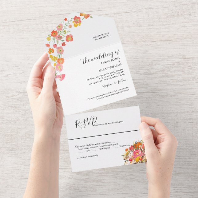 Dusty Blue Floral Wedding All In One Invitation (Tearaway)