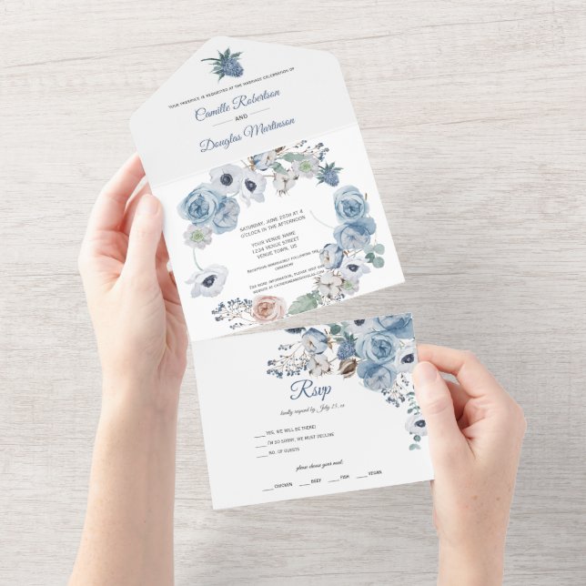 Dusty Blue Floral Wedding | All In One Invitation (Tearaway)