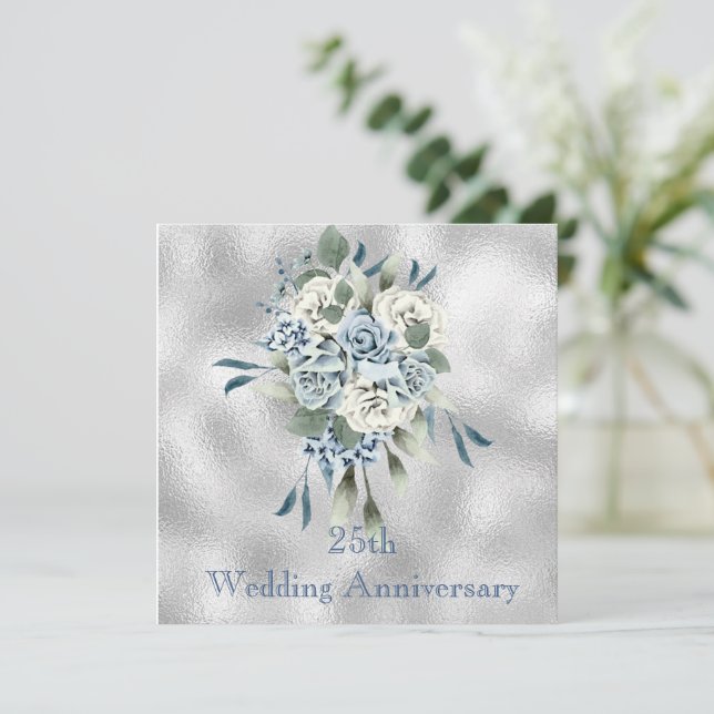 Dusty Blue Floral Wedding Anniversary Invitation (Standing Front)