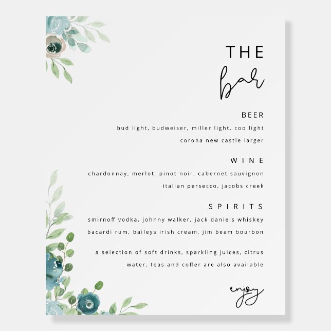 Dusty Blue Floral Wedding Bar Menu Boards (Front)