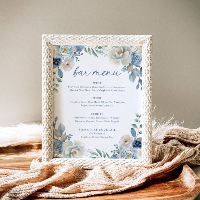 Dusty Blue Floral Wedding Bar Menu Wedding Drinks Poster (Creator Uploaded)
