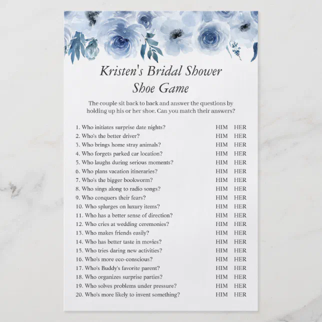 Dusty Blue Floral Wedding Bridal Shower Shoe Game Flyer Zazzle