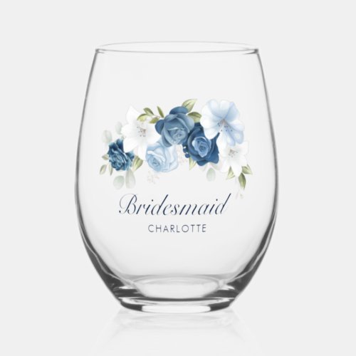 Dusty Blue Floral Wedding Bridesmaid Favor Stemless Wine Glass