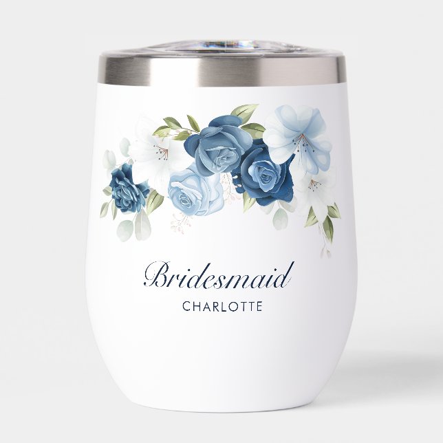 Dusty Blue Floral Wedding Bridesmaid Personalized Thermal Wine Tumbler (Front)