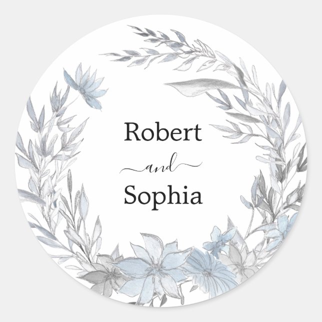 Dusty Blue Floral Wedding Classic Round Sticker (Front)